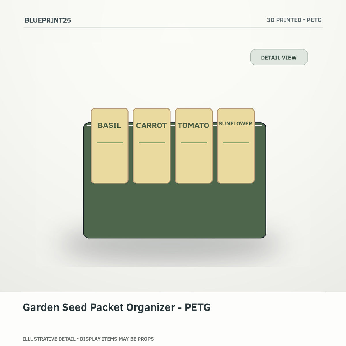 Garden Seed Packet Organizer - PETG illustrative concept, detail view; final physical design has not been confirmed.