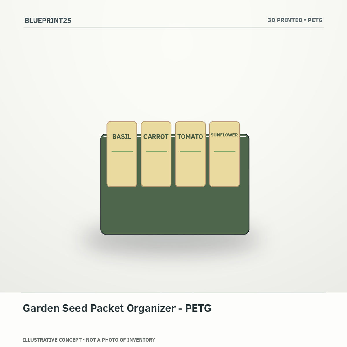 Garden Seed Packet Organizer - PETG illustrative concept, main view; not a photo of finished inventory.