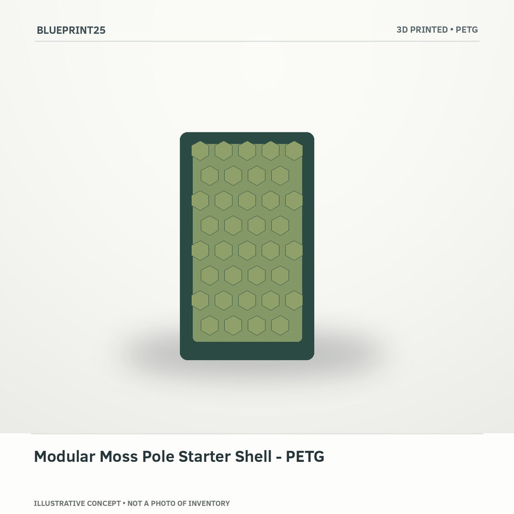 Modular Moss Pole Starter Shell - PETG illustrative concept, main view; not a photo of finished inventory.