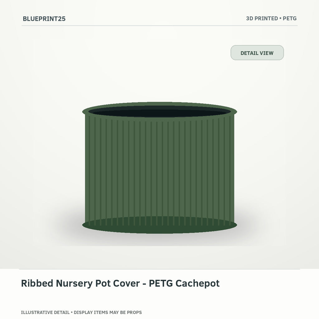 Ribbed Nursery Pot Cover - PETG Cachepot illustrative concept, detail view; final physical design has not been confirmed.