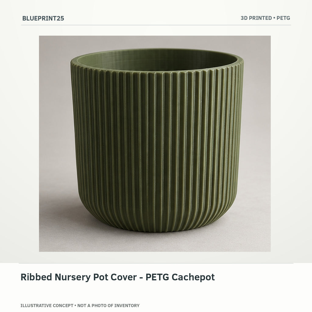 Ribbed Nursery Pot Cover - PETG Cachepot illustrative concept, main view; not a photo of finished inventory.