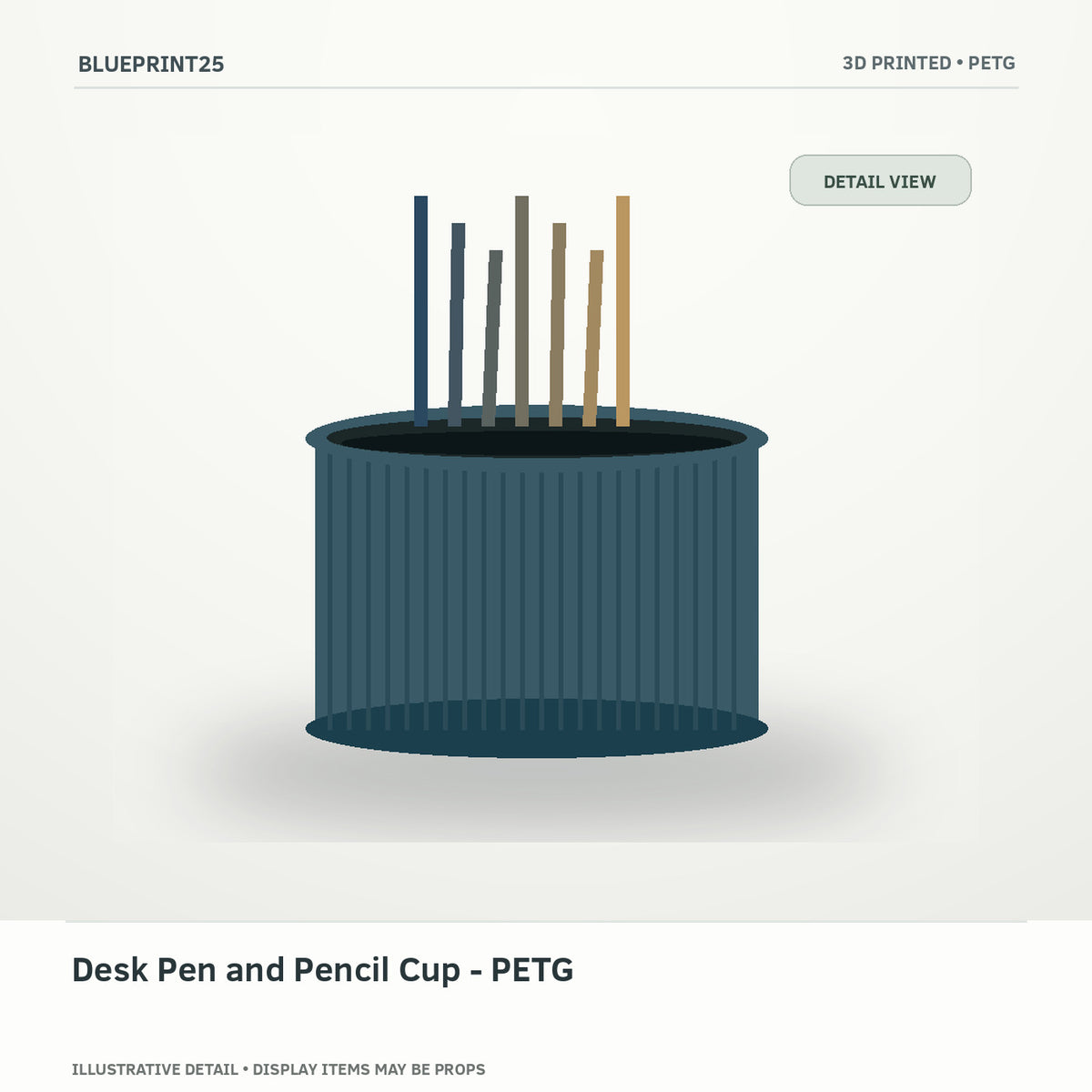 Desk Pen and Pencil Cup - PETG illustrative concept, detail view; final physical design has not been confirmed.