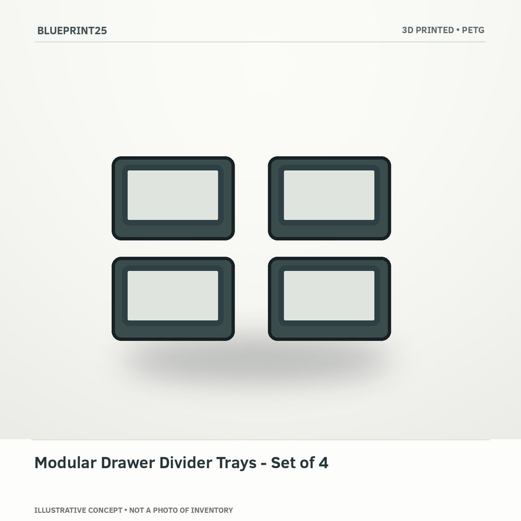 Modular Drawer Divider Trays - Set of 4 illustrative concept, main view; not a photo of finished inventory.