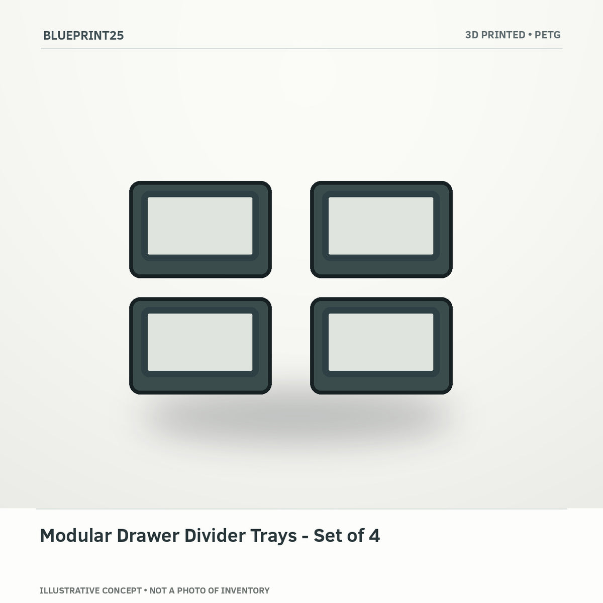 Modular Drawer Divider Trays - Set of 4 illustrative concept, main view; not a photo of finished inventory.