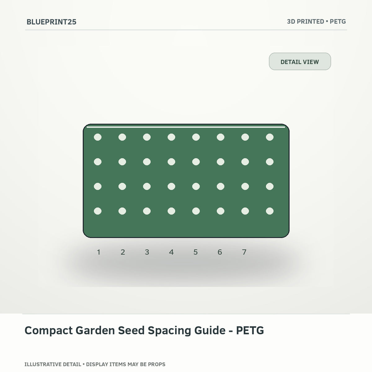 Compact Garden Seed Spacing Guide - PETG illustrative concept, detail view; final physical design has not been confirmed.
