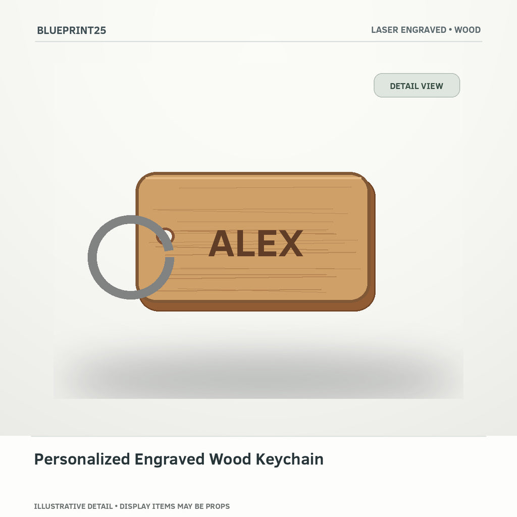 Personalized Engraved Wood Keychain illustrative concept, detail view; final physical design has not been confirmed.