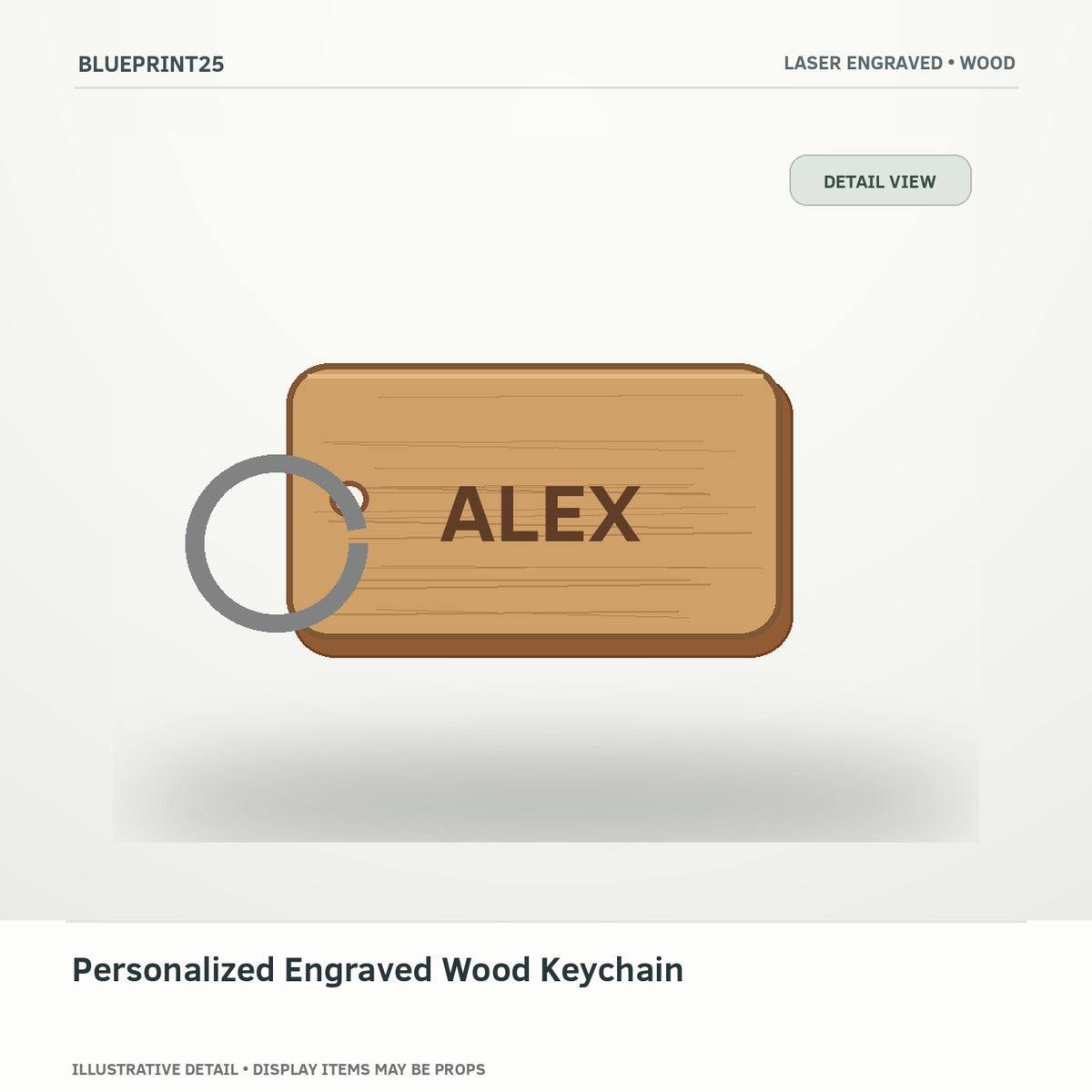 Personalized Engraved Wood Keychain illustrative concept, detail view; final physical design has not been confirmed.