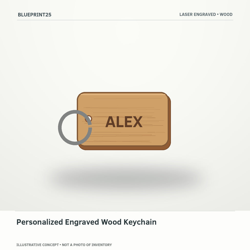 Personalized Engraved Wood Keychain illustrative concept, main view; not a photo of finished inventory.