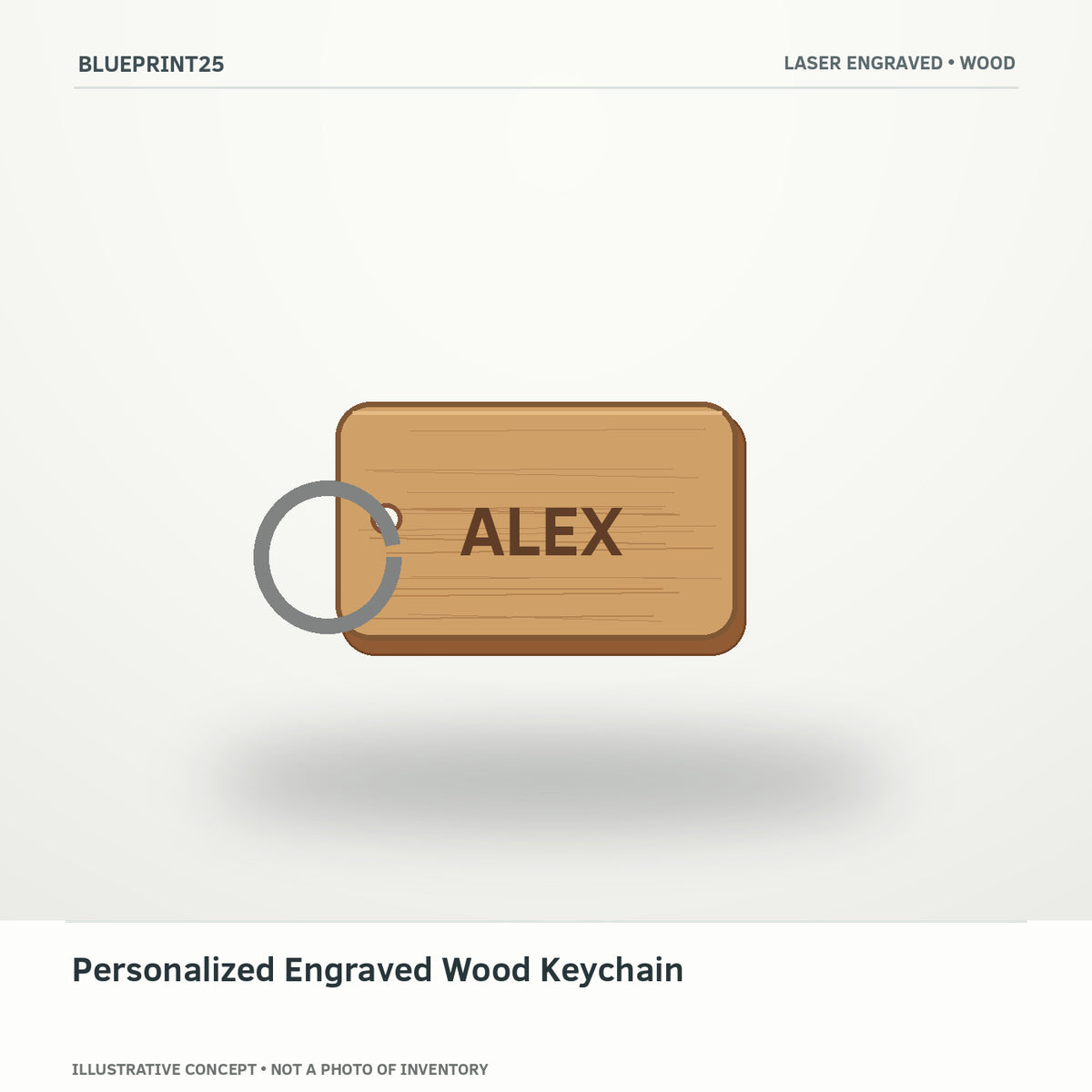 Personalized Engraved Wood Keychain illustrative concept, main view; not a photo of finished inventory.