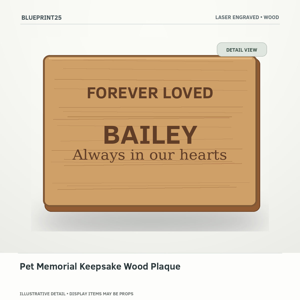 Pet Memorial Keepsake Wood Plaque illustrative concept, detail view; final physical design has not been confirmed.