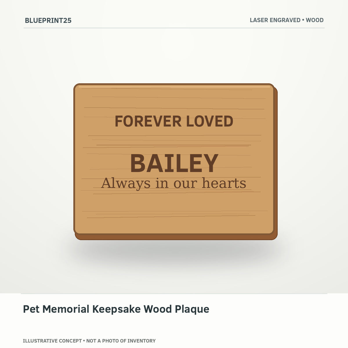 Pet Memorial Keepsake Wood Plaque illustrative concept, main view; not a photo of finished inventory.
