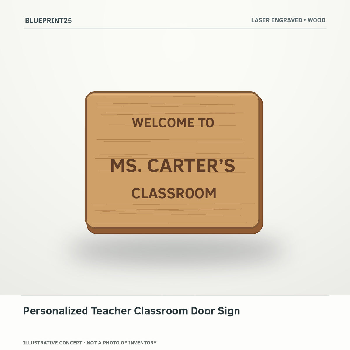 Personalized Teacher Classroom Door Sign illustrative concept, main view; not a photo of finished inventory.