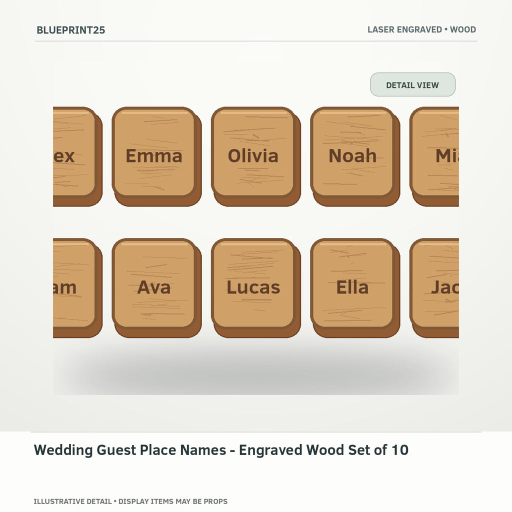 Wedding Guest Place Names - Engraved Wood Set of 10 illustrative concept, detail view; final physical design has not been confirmed.