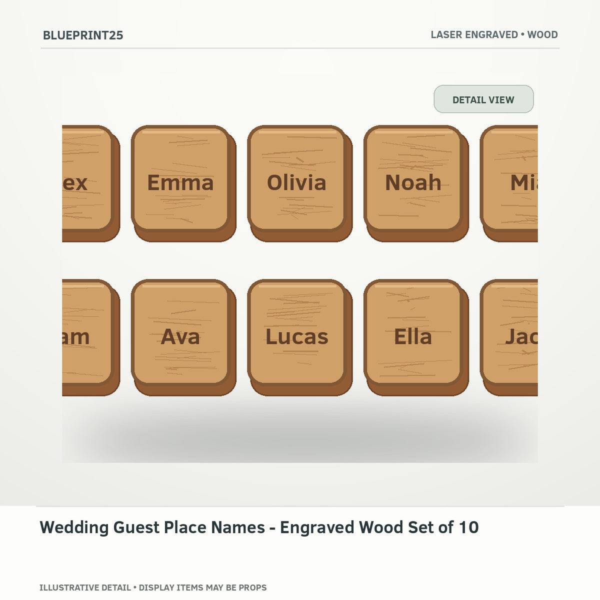 Wedding Guest Place Names - Engraved Wood Set of 10 illustrative concept, detail view; final physical design has not been confirmed.