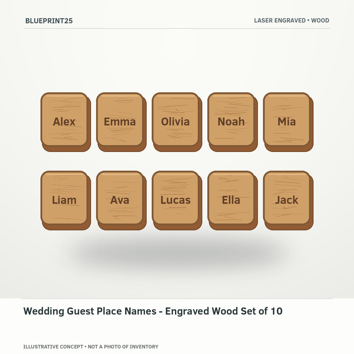 Wedding Guest Place Names - Engraved Wood Set of 10 illustrative concept, main view; not a photo of finished inventory.