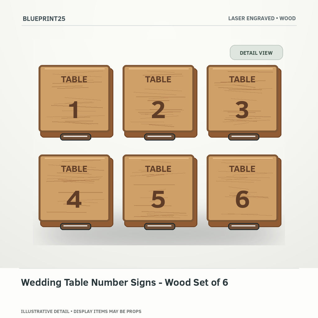 Wedding Table Number Signs - Wood Set of 6 illustrative concept, detail view; final physical design has not been confirmed.