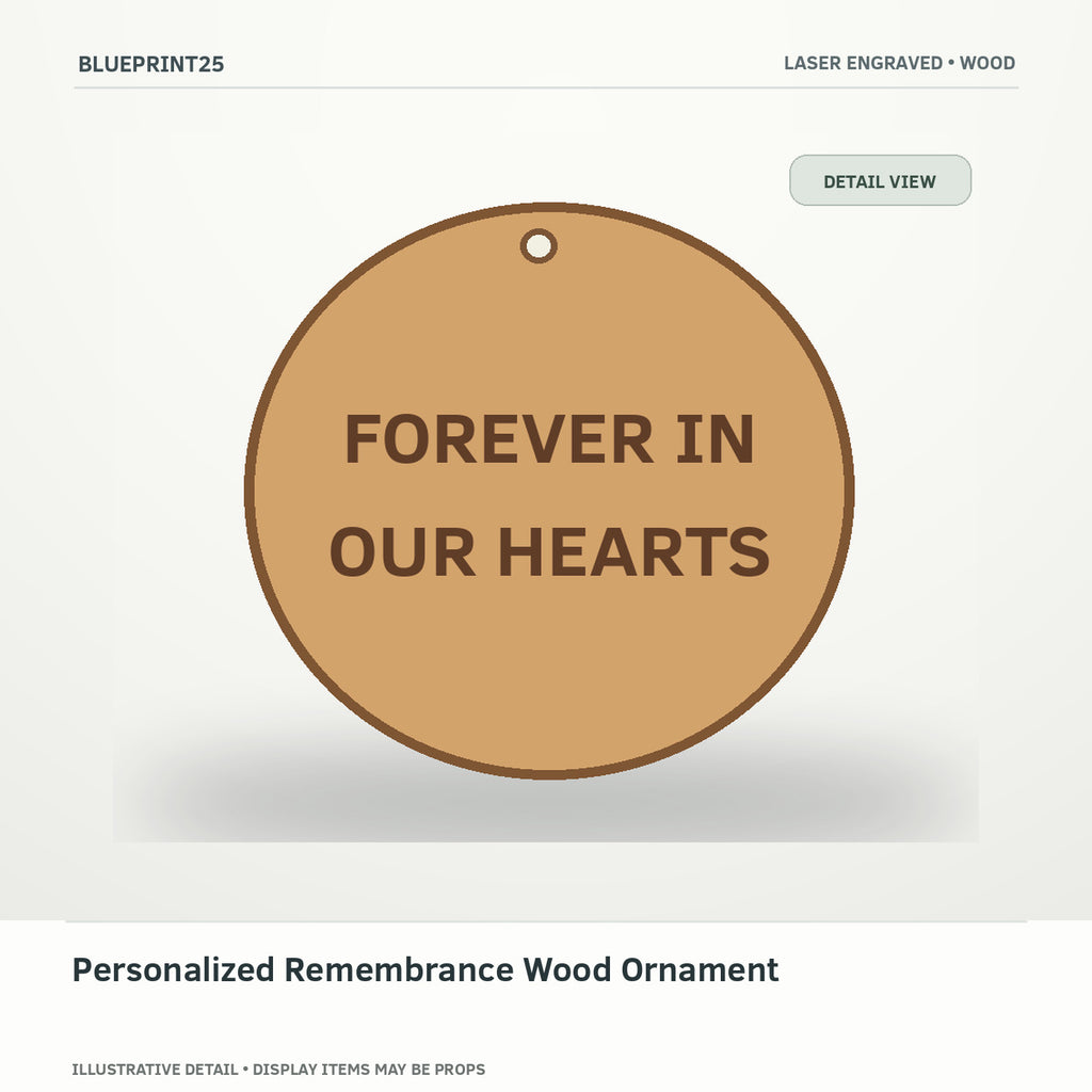 Personalized Remembrance Wood Ornament illustrative concept, detail view; final physical design has not been confirmed.