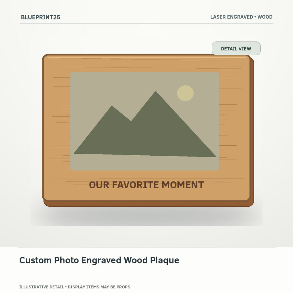 Custom Photo Engraved Wood Plaque illustrative concept, detail view; final physical design has not been confirmed.
