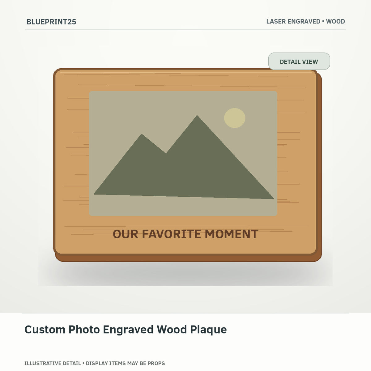 Custom Photo Engraved Wood Plaque illustrative concept, detail view; final physical design has not been confirmed.