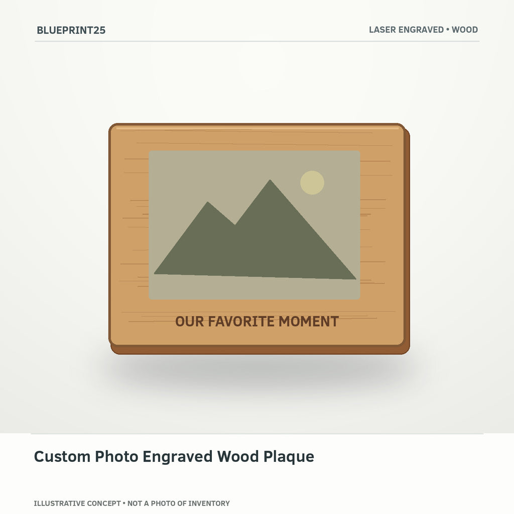 Custom Photo Engraved Wood Plaque illustrative concept, main view; not a photo of finished inventory.