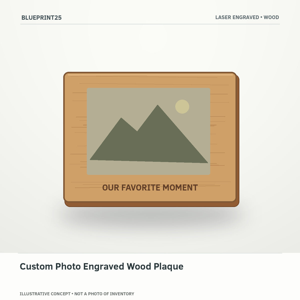 Custom Photo Engraved Wood Plaque illustrative concept, main view; not a photo of finished inventory.
