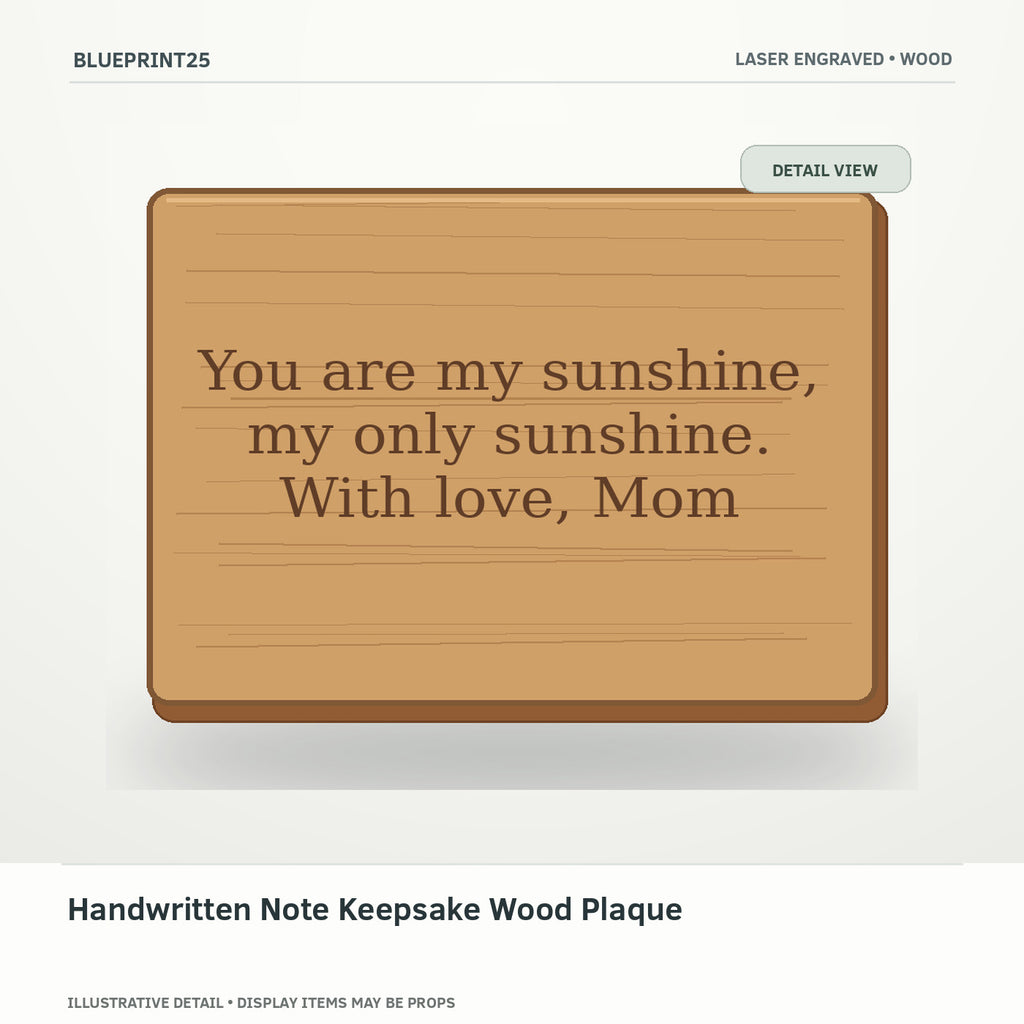 Handwritten Note Keepsake Wood Plaque illustrative concept, detail view; final physical design has not been confirmed.