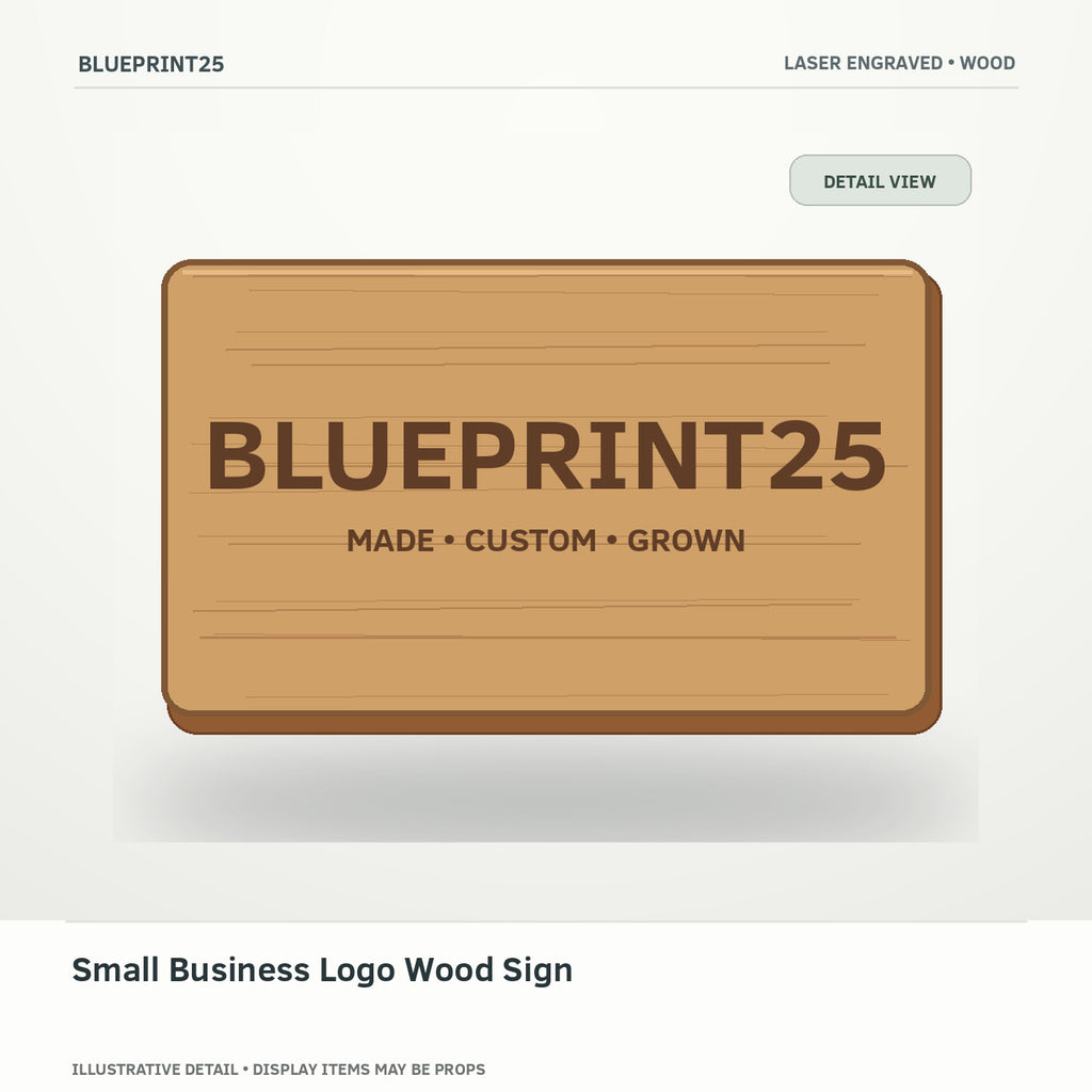 Small Business Logo Wood Sign illustrative concept, detail view; final physical design has not been confirmed.