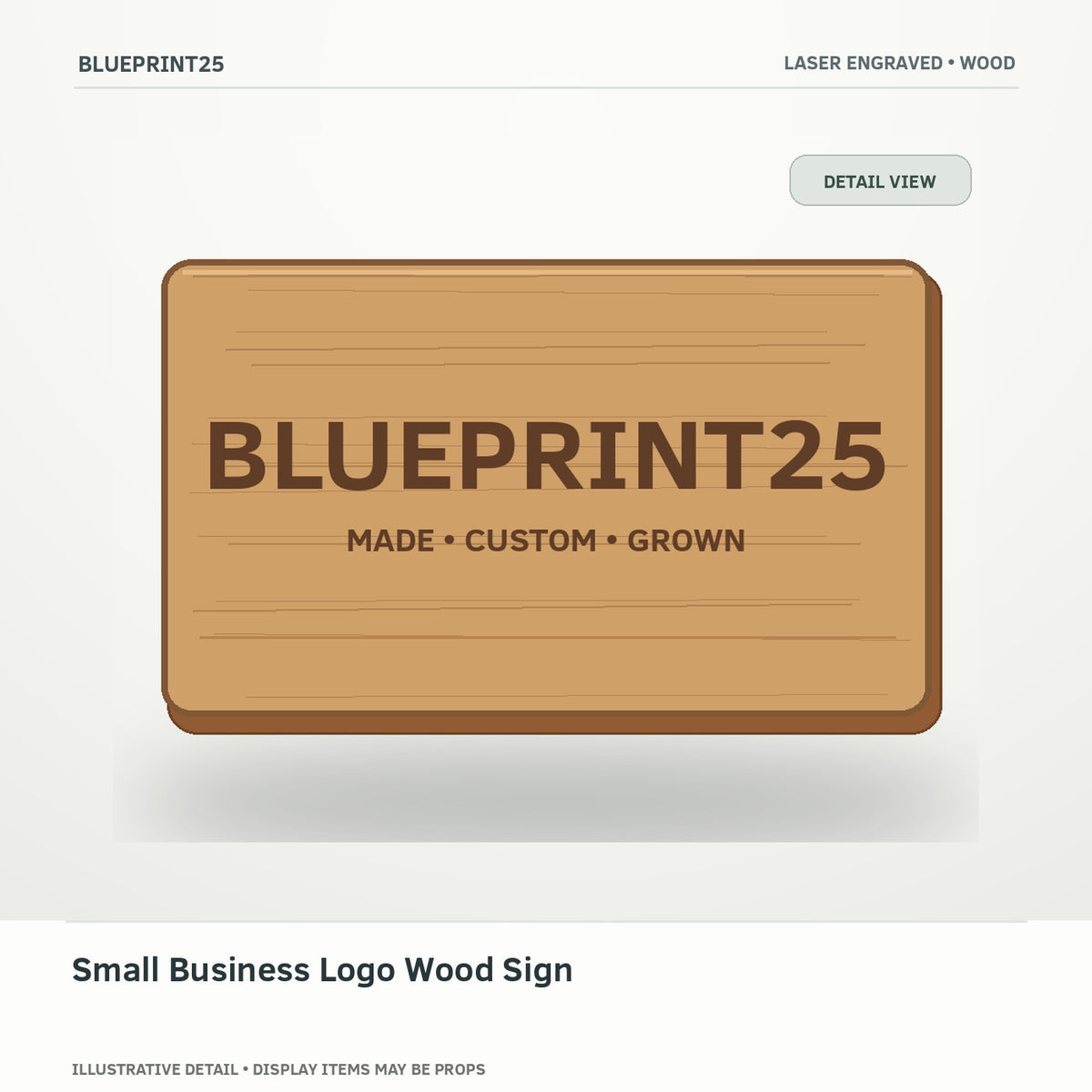 Small Business Logo Wood Sign illustrative concept, detail view; final physical design has not been confirmed.