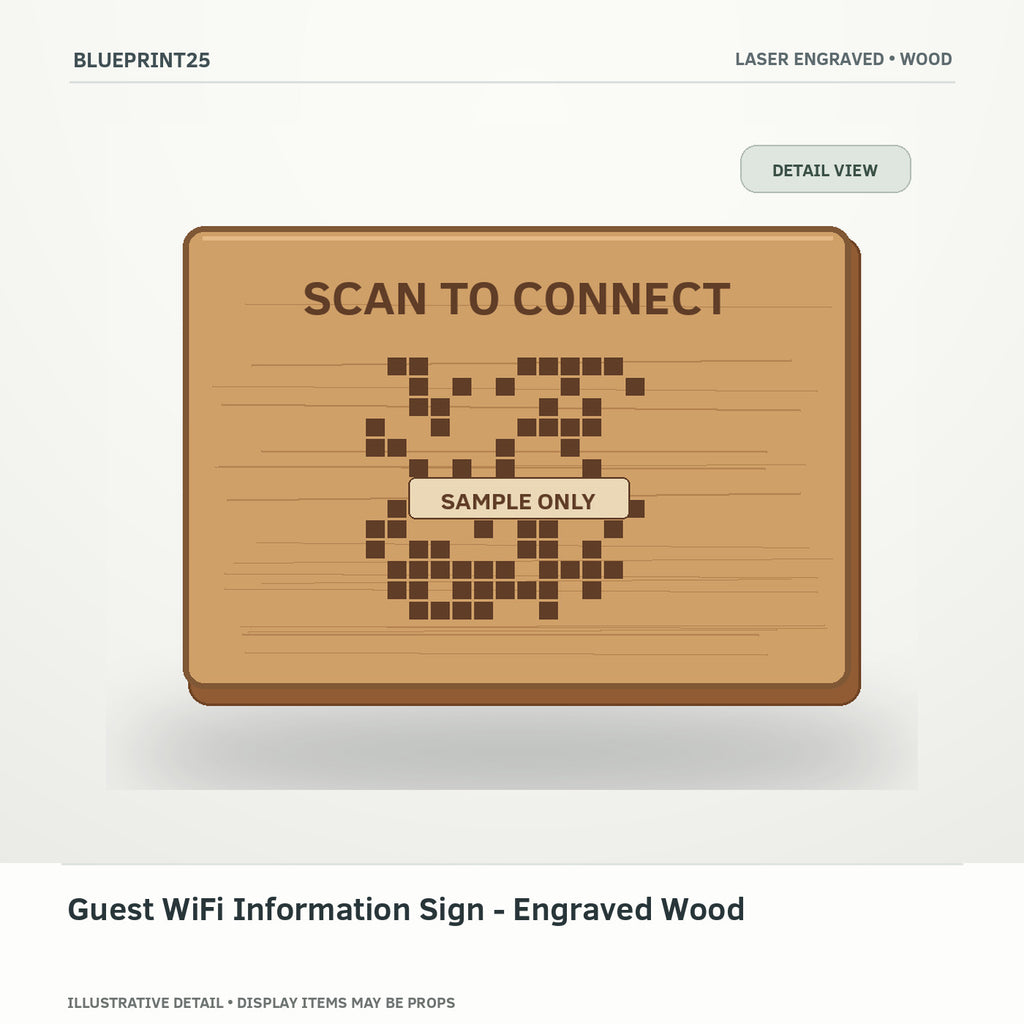 Guest WiFi Information Sign - Engraved Wood illustrative concept, detail view; final physical design has not been confirmed.