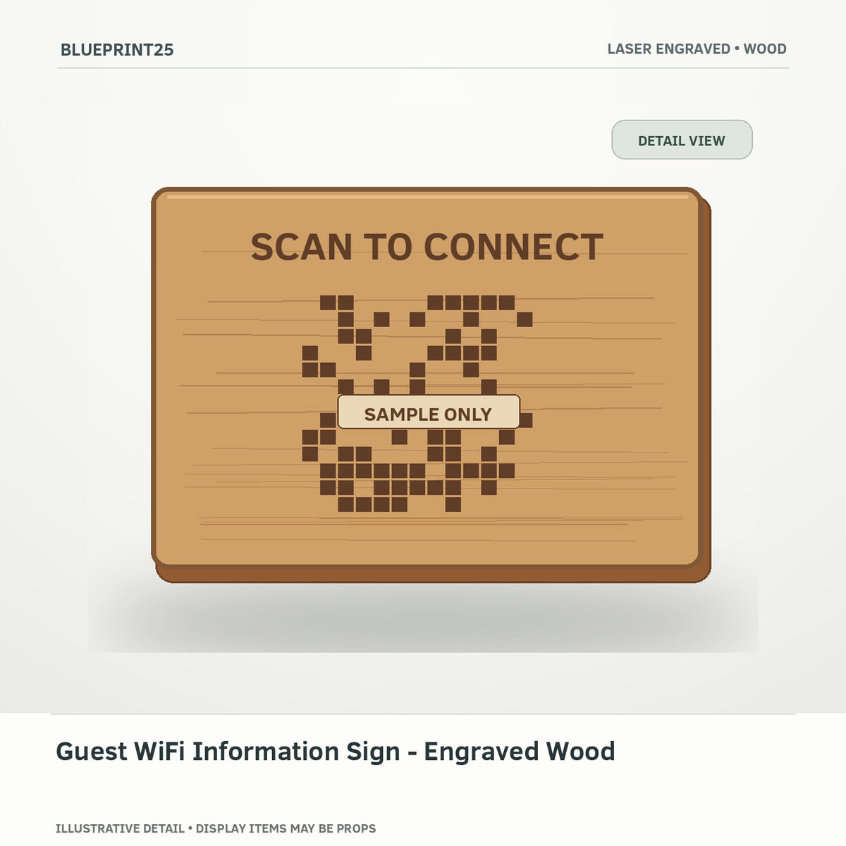 Guest WiFi Information Sign - Engraved Wood illustrative concept, detail view; final physical design has not been confirmed.