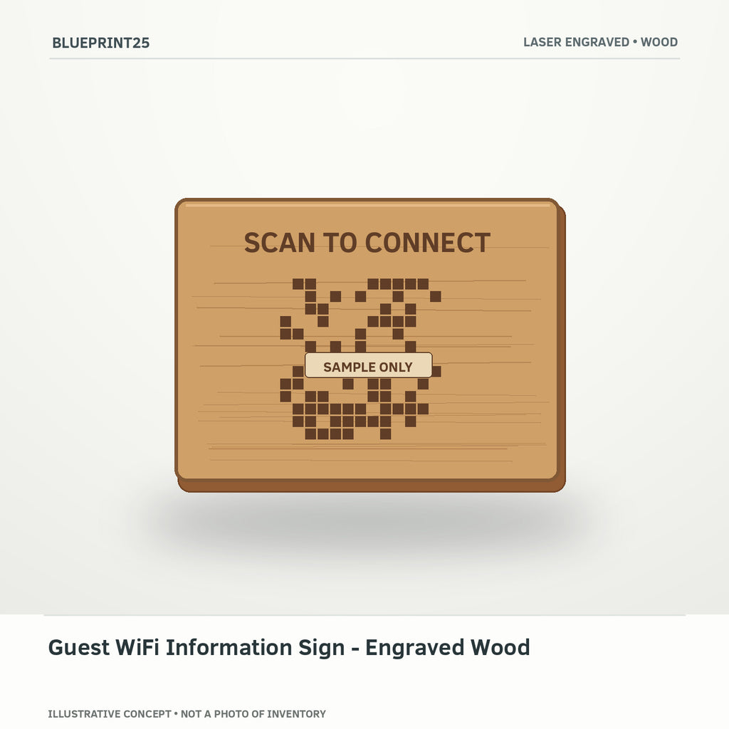 Guest WiFi Information Sign - Engraved Wood illustrative concept, main view; not a photo of finished inventory.
