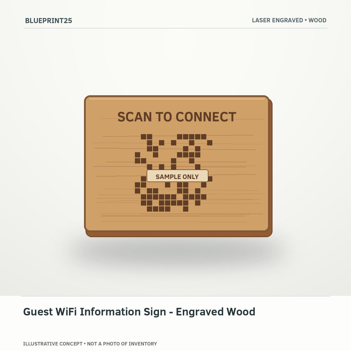Guest WiFi Information Sign - Engraved Wood illustrative concept, main view; not a photo of finished inventory.