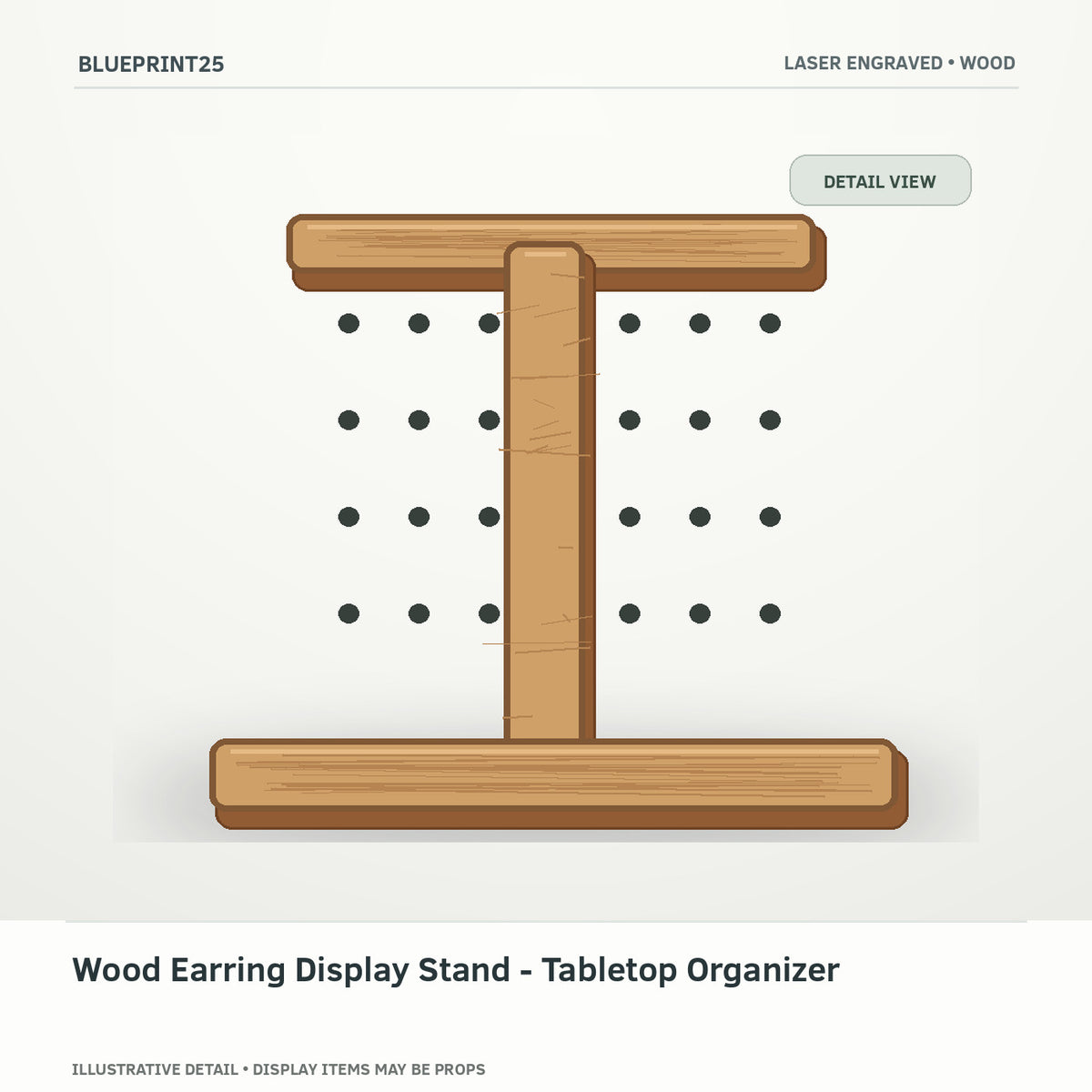 Wood Earring Display Stand - Tabletop Organizer illustrative concept, detail view; final physical design has not been confirmed.