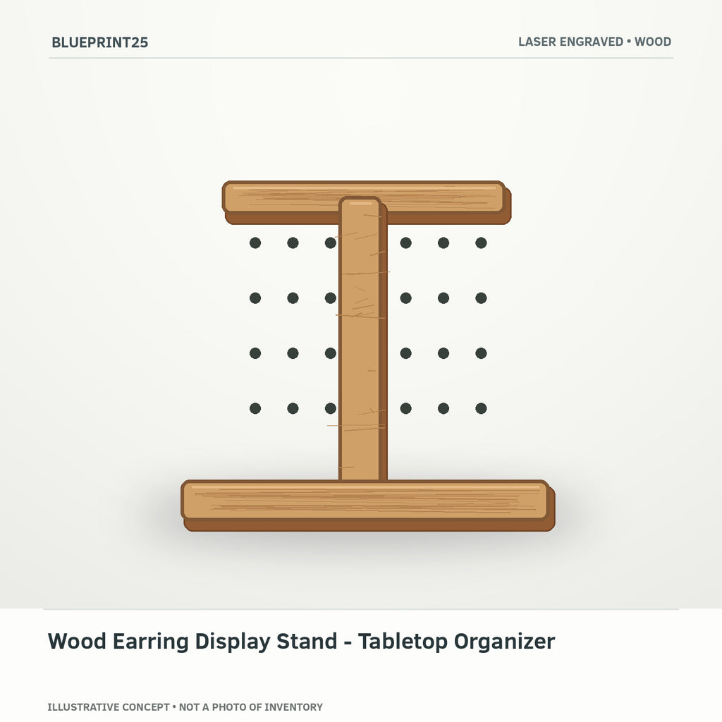 Wood Earring Display Stand - Tabletop Organizer illustrative concept, main view; not a photo of finished inventory.