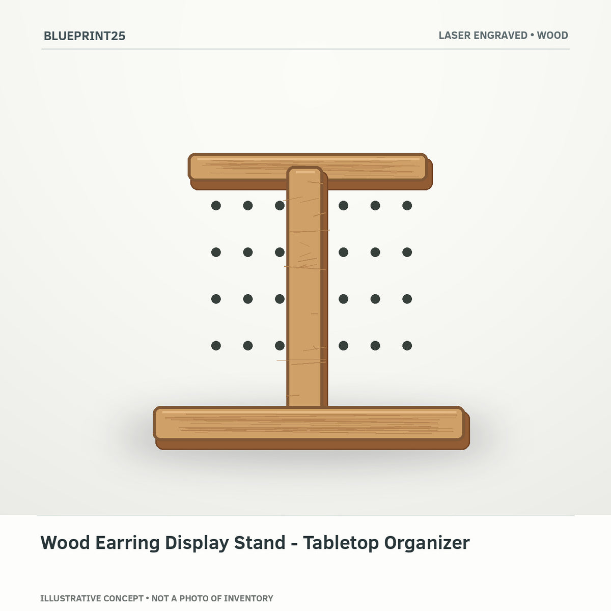 Wood Earring Display Stand - Tabletop Organizer illustrative concept, main view; not a photo of finished inventory.