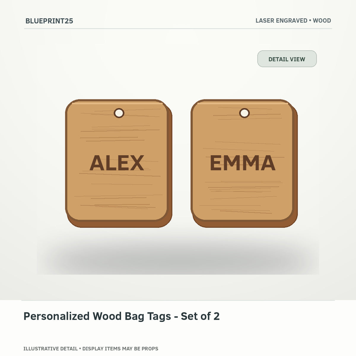 Personalized Wood Bag Tags - Set of 2 illustrative concept, detail view; final physical design has not been confirmed.