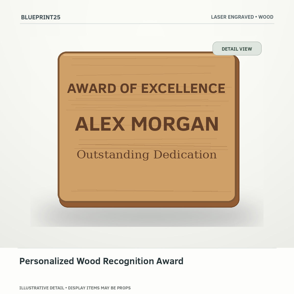 Personalized Wood Recognition Award illustrative concept, detail view; final physical design has not been confirmed.