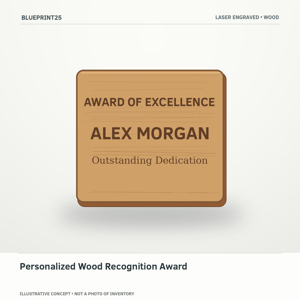 Personalized Wood Recognition Award illustrative concept, main view; not a photo of finished inventory.