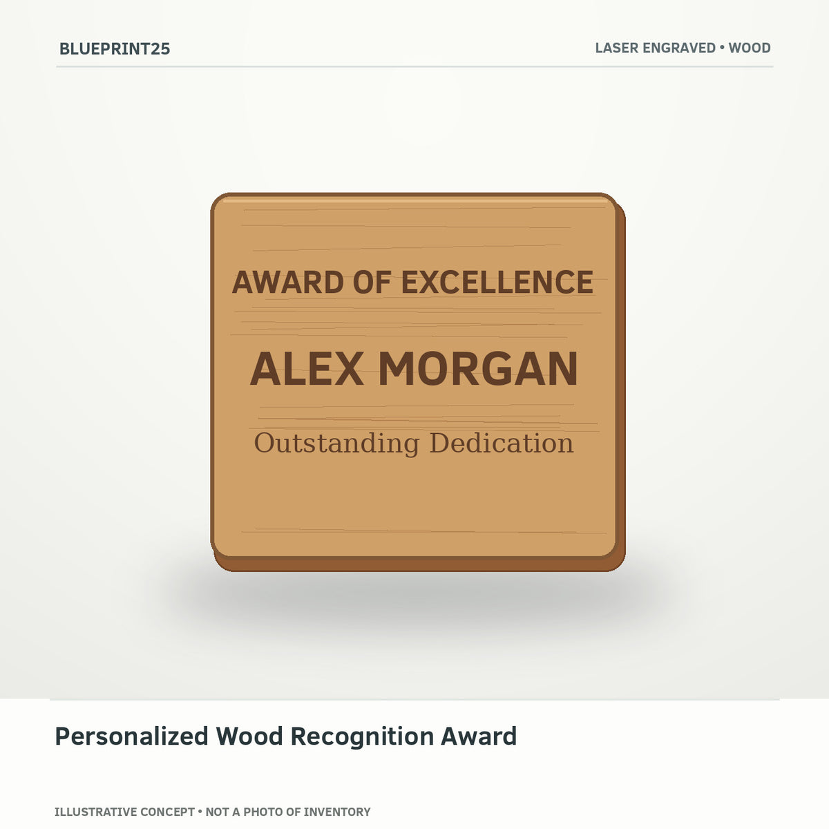 Personalized Wood Recognition Award illustrative concept, main view; not a photo of finished inventory.