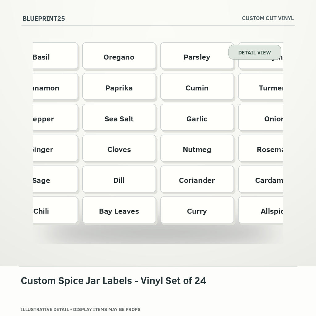 Custom Spice Jar Labels - Vinyl Set of 24 illustrative concept, detail view; final physical design has not been confirmed.