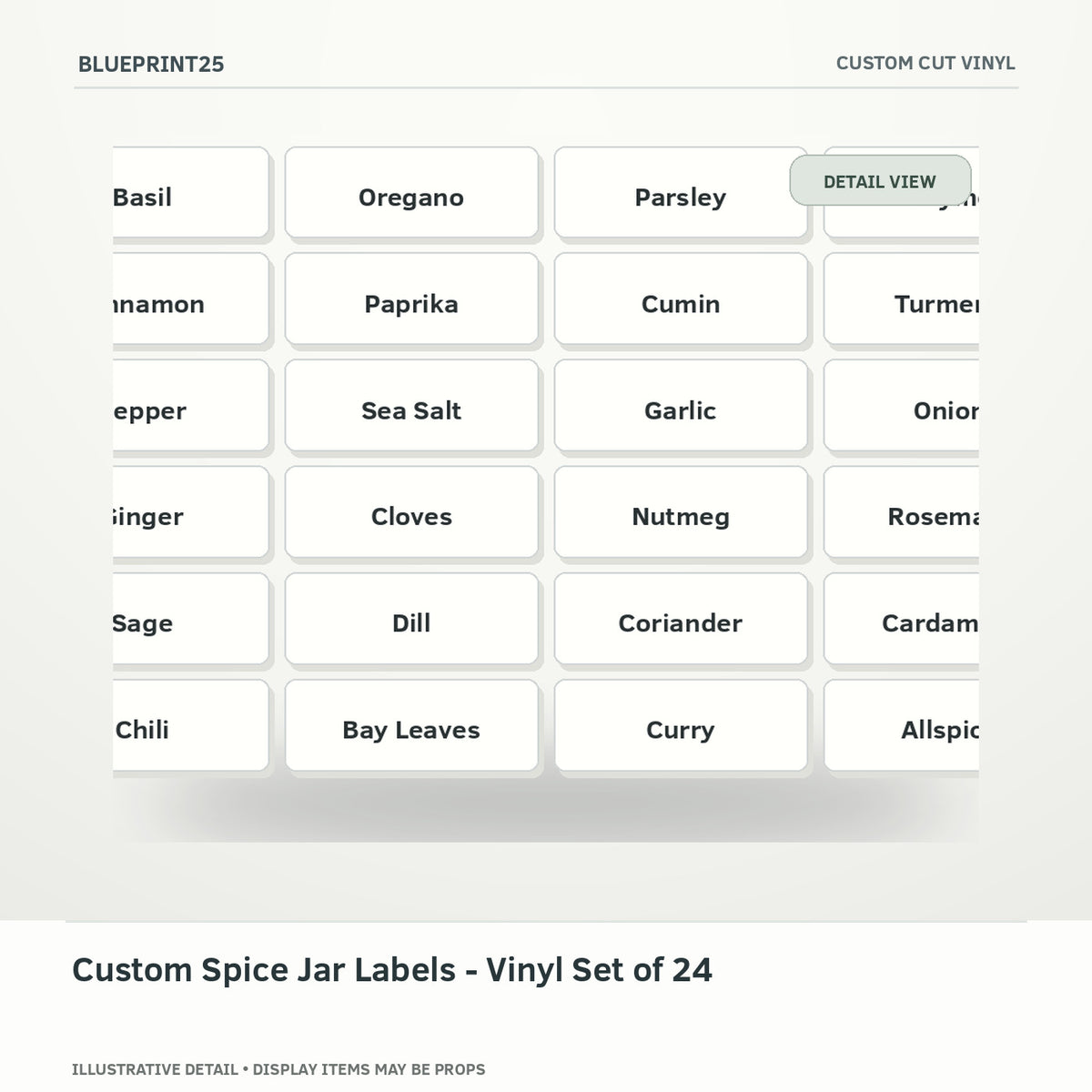 Custom Spice Jar Labels - Vinyl Set of 24 illustrative concept, detail view; final physical design has not been confirmed.