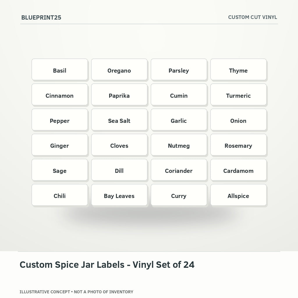 Custom Spice Jar Labels - Vinyl Set of 24 illustrative concept, main view; not a photo of finished inventory.