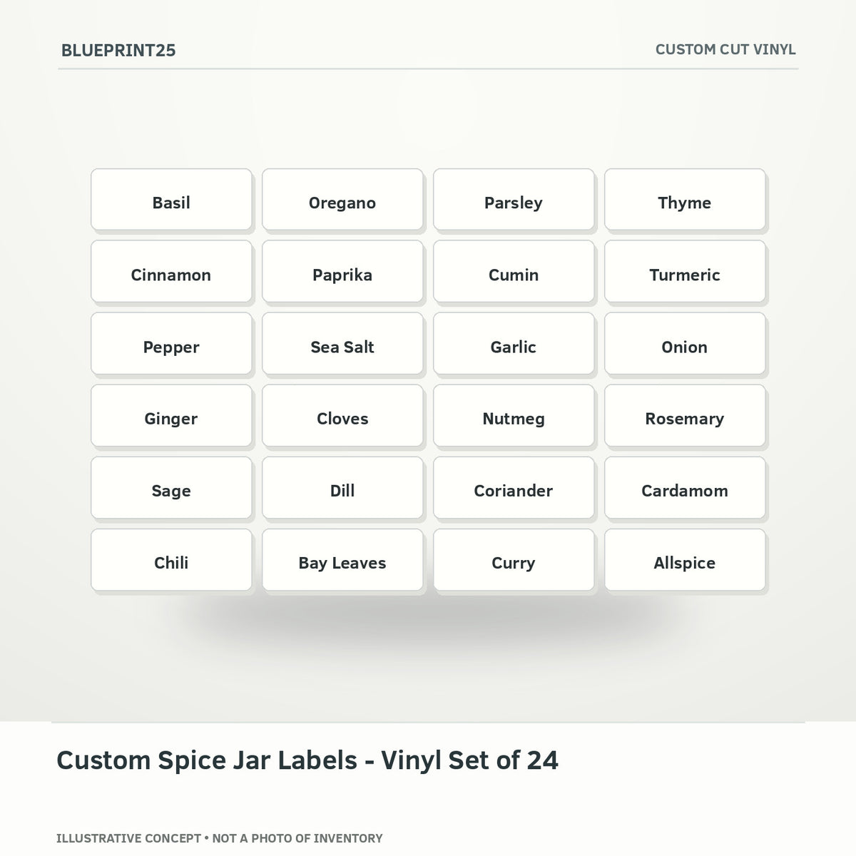 Custom Spice Jar Labels - Vinyl Set of 24 illustrative concept, main view; not a photo of finished inventory.