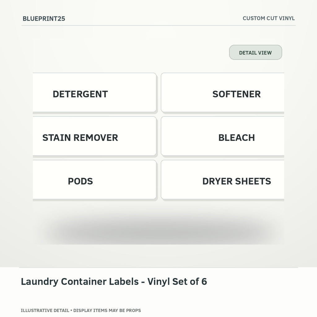 Laundry Container Labels - Vinyl Set of 6 illustrative concept, detail view; final physical design has not been confirmed.
