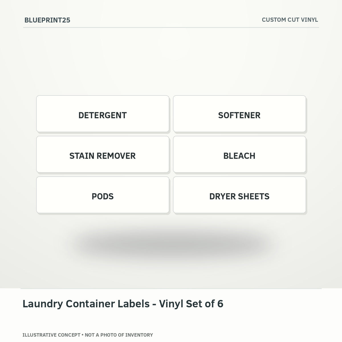 Laundry Container Labels - Vinyl Set of 6 illustrative concept, main view; not a photo of finished inventory.