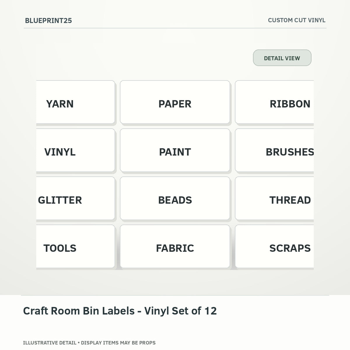 Craft Room Bin Labels - Vinyl Set of 12 illustrative concept, detail view; final physical design has not been confirmed.