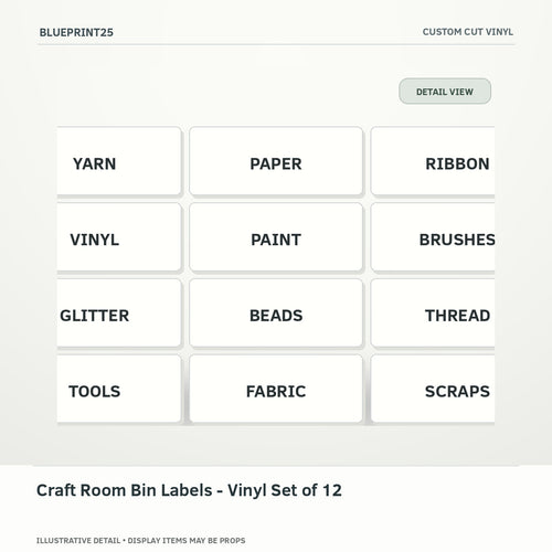 Craft Room Bin Labels - Vinyl Set of 12 illustrative concept, detail view; final physical design has not been confirmed.