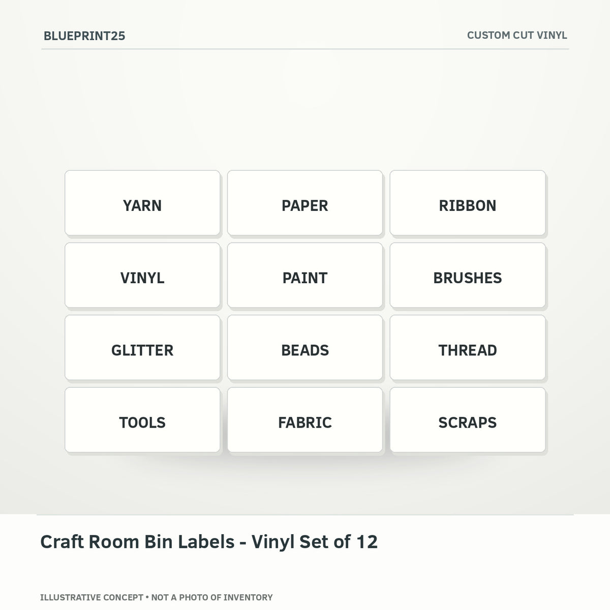 Craft Room Bin Labels - Vinyl Set of 12 illustrative concept, main view; not a photo of finished inventory.