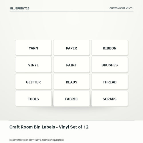 Craft Room Bin Labels - Vinyl Set of 12 illustrative concept, main view; not a photo of finished inventory.