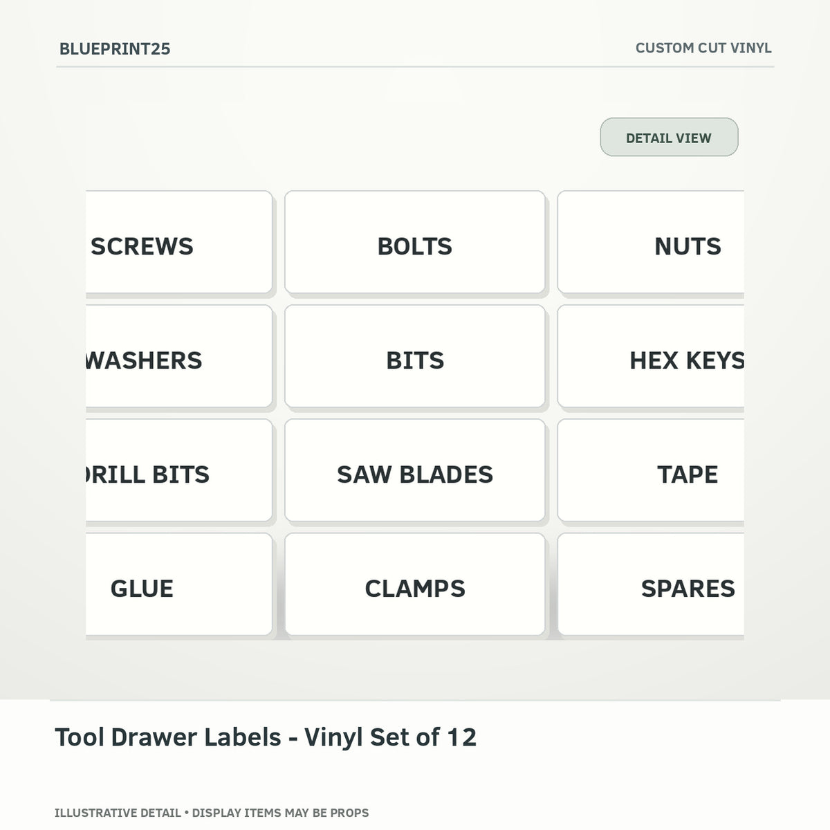 Tool Drawer Labels - Vinyl Set of 12 illustrative concept, detail view; final physical design has not been confirmed.